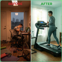 Smart Treadmill Built for Home Fitness, Alloy Steel Frame, Digital Console, Compact Design — Before & After