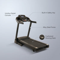 Smart Treadmill Built for Home Fitness, Alloy Steel Frame, Digital Console, Compact Design — infographic